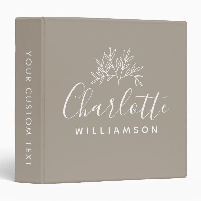 Minimalist Script Personalized Name Taupe Floral Binder (Front/Spine)