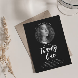 Minimalist Script Photo 21st Birthday Party Black  Invitation