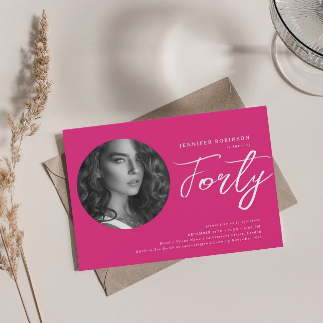 Minimalist Script Photo 40th Birthday Hot Pink  Invitation (Minimalist Script Photo 40th Birthday Hot Pink Invitation)