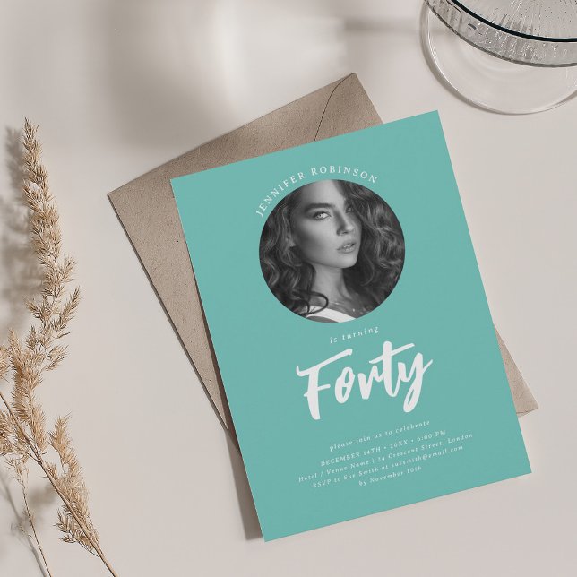 Minimalist Script Photo 40th Birthday Party Teal  Invitation (Minimalist Script Photo 40th Birthday Party Teal Invitation)