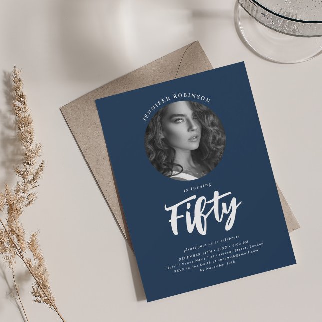 Minimalist Script Photo 50th Birthday Navy Blue  Invitation (Minimalist Script Photo 50th Birthday Navy Blue Invitation)