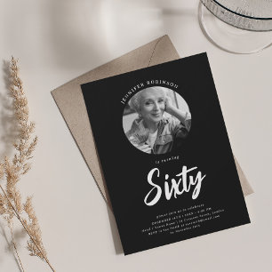 Minimalist Script Photo 60th Birthday Black Invitation