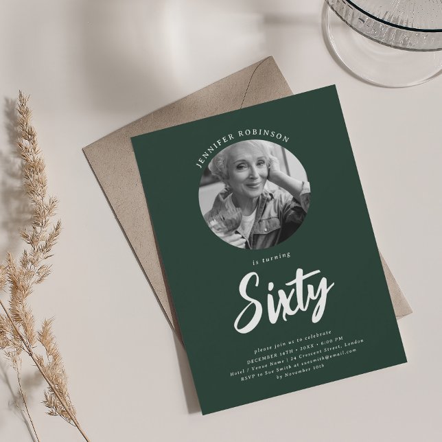 Minimalist Script Photo 60th Birthday Emerald  Invitation (Minimalist Script Photo 60th Birthday Emerald Invitation)
