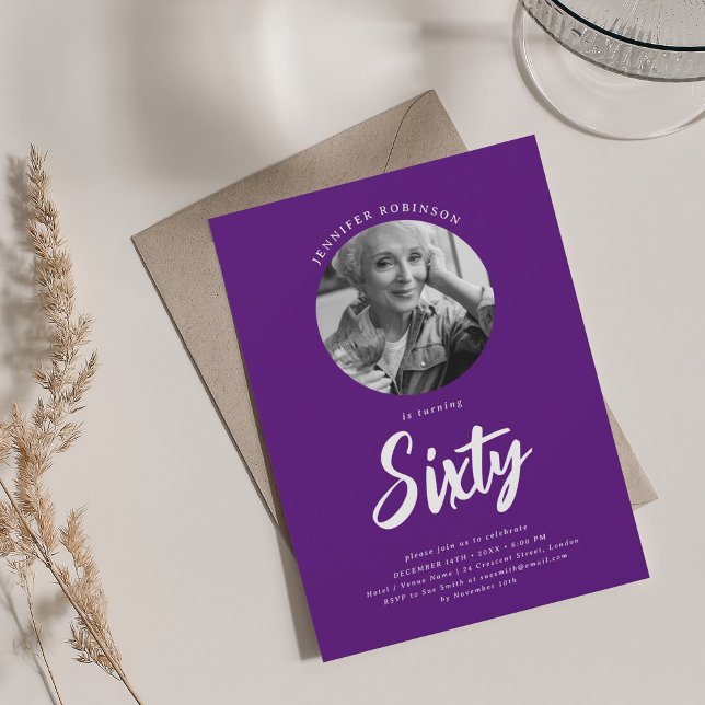 Minimalist Script Photo 60th Birthday Purple  Invitation (Minimalist Script Photo 60th Birthday Purple Invitation)