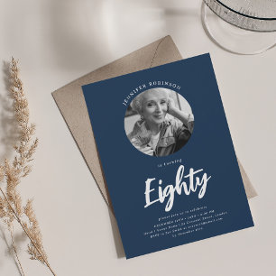 Minimalist Script Photo 80th Birthday Navy Blue  Invitation