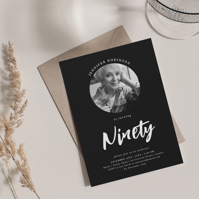 Minimalist Script Photo 90th Birthday Black  Invitation (Minimalist Script Photo 90th Birthday Black Invitation)