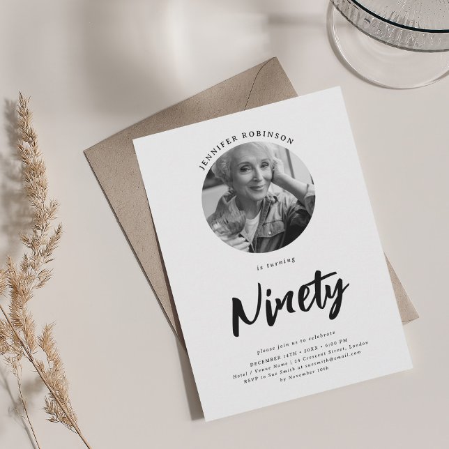 Minimalist Script Photo 90th Birthday Black White Invitation (Minimalist Script Photo 90th Birthday Black White Invitation)