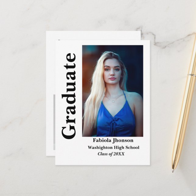 Minimalist script photo graduation invitation  postcard (Front/Back In Situ)