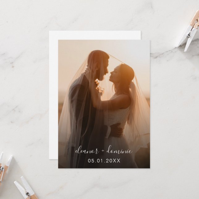 Minimalist Script Photo QR Code RSVP Wedding Invitation (Front/Back In Situ)