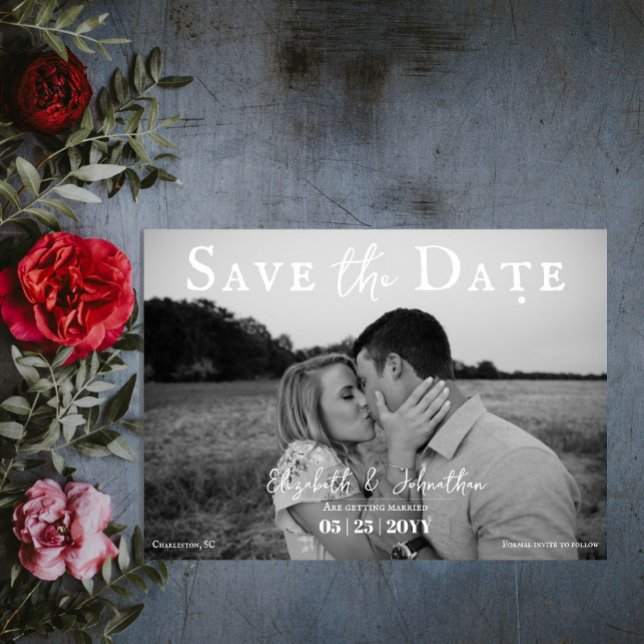 Minimalist Script Photo | White Save The Date (Minimalist Script Photo Save the Date | White)