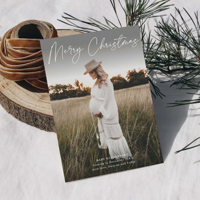 Minimalist Script Pregnancy Photo Christmas Holiday Card (Minimal Script Merry Christmas Pregnancy Photo Announcement Holiday Card.)