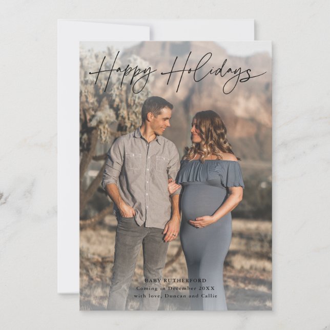Minimalist Script Pregnancy Photo  Holiday Card (Front)