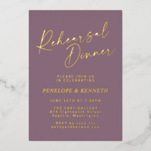 Minimalist Script Purple Gold Rehearsal Dinner