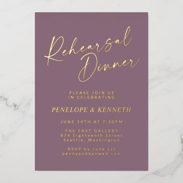 Minimalist Script Purple Gold Rehearsal Dinner (Front)