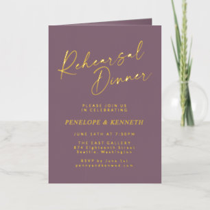 Minimalist Script Purple Gold Rehearsal Dinner Foil Greeting Card