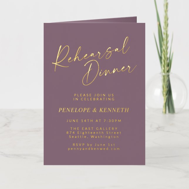 Minimalist Script Purple Gold Rehearsal Dinner Foil Greeting Card (Front)