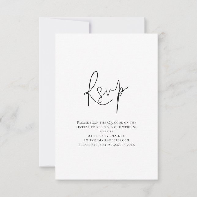 Minimalist Script QR Code Black White Wedding RSVP Card (Front)