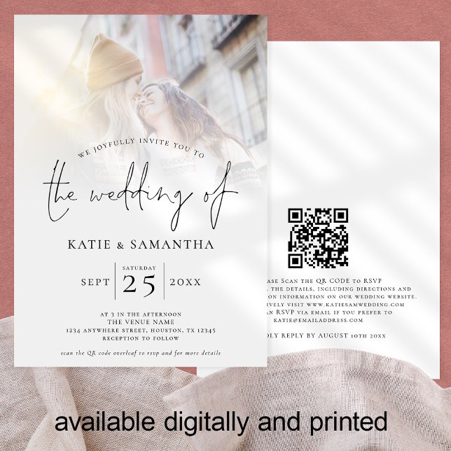 Minimalist Script QR Code Photo Lesbian Wedding Invitation (Creator Uploaded)