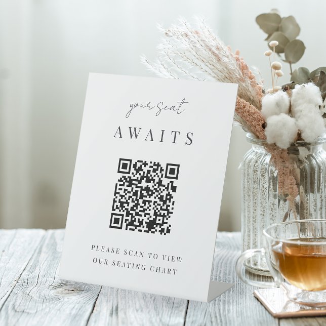Minimalist Script QR Code Wedding Seating Chart Pedestal Sign (Creator Uploaded)