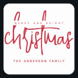 Minimalist script red Christmas Square Sticker<br><div class="desc">Minimalist script red Merry and bright Christmas</div>