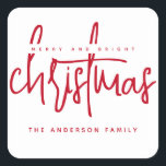 Minimalist script red Christmas Square Sticker<br><div class="desc">Minimalist script red Merry and bright Christmas</div>