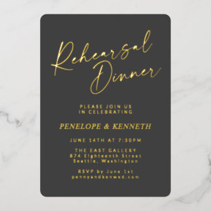Minimalist Script Rehearsal Dinner Black Gold 