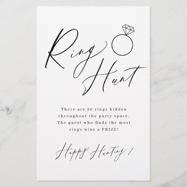 Minimalist script ring hunt bridal shower game (Front)
