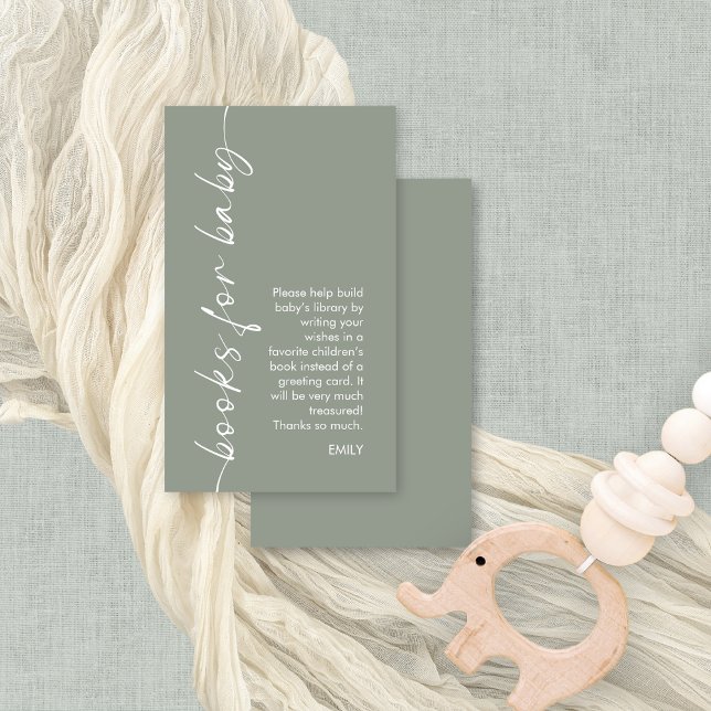 Minimalist Script Sage Books for Baby Shower Enclosure Card (Front and back view small enclosure books for baby)