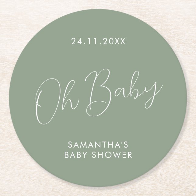 Minimalist Script Sage Green Baby Shower day Round Paper Coaster (Front)