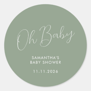 Minimalist Script Sage Green Oh Baby Classic Round Sticker