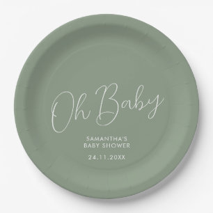Minimalist Script Sage Green Oh Baby Shower date Paper Plate