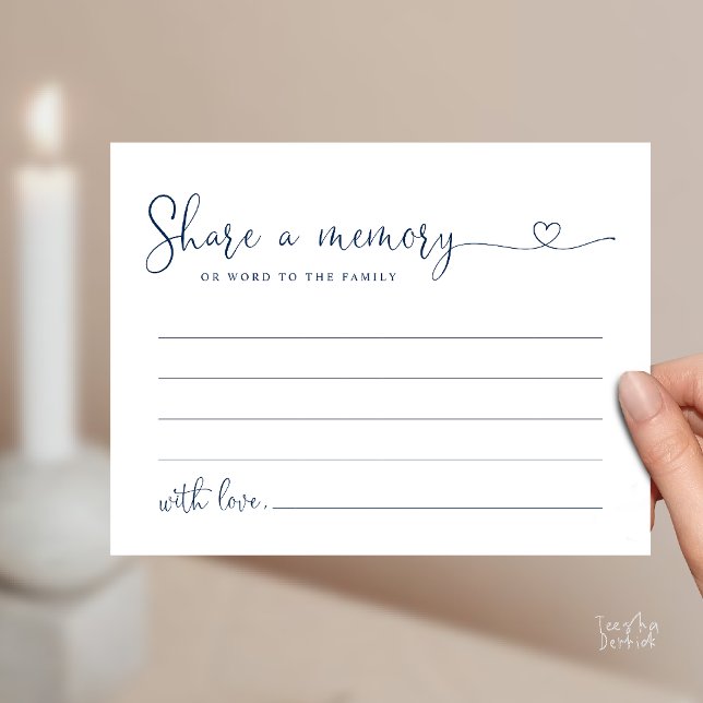 Minimalist Script Share a Memory Funeral Note Card (Modern Minimalist Script Share a Memory Funeral Note Card in Navy Blue)