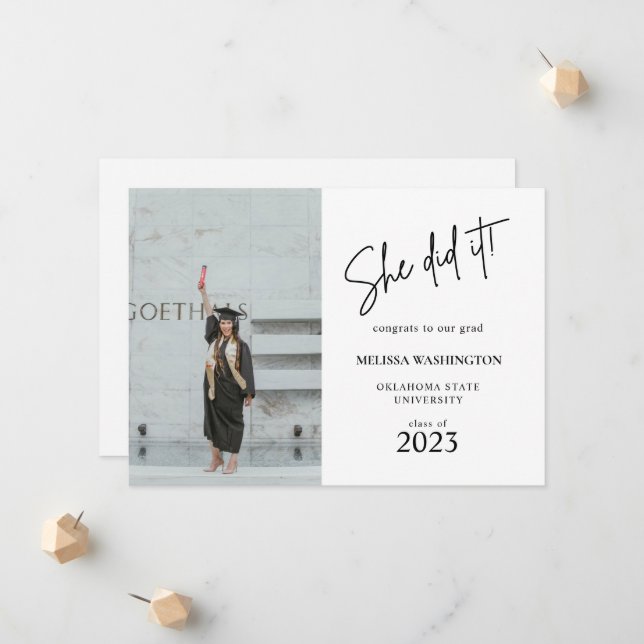 Minimalist Script She did it Graduation Photo Announcement (Front/Back In Situ)