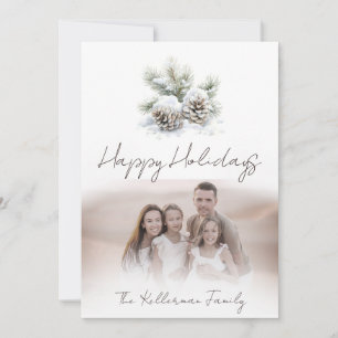 minimalist script, snowy pine cones Family photo Holiday Card