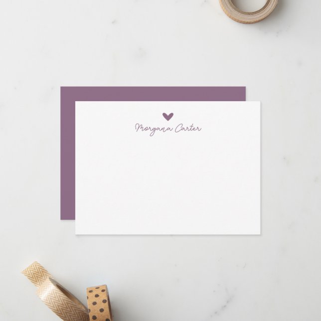Minimalist Script Soft Plum Heart Personalized Card (Front/Back In Situ)