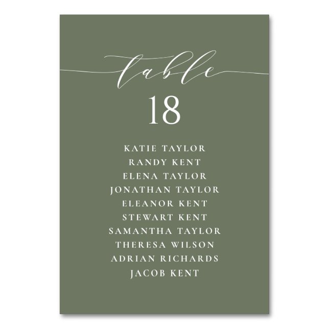 Minimalist Script Taupe Green Wedding Seating Plan Table Number (Front)