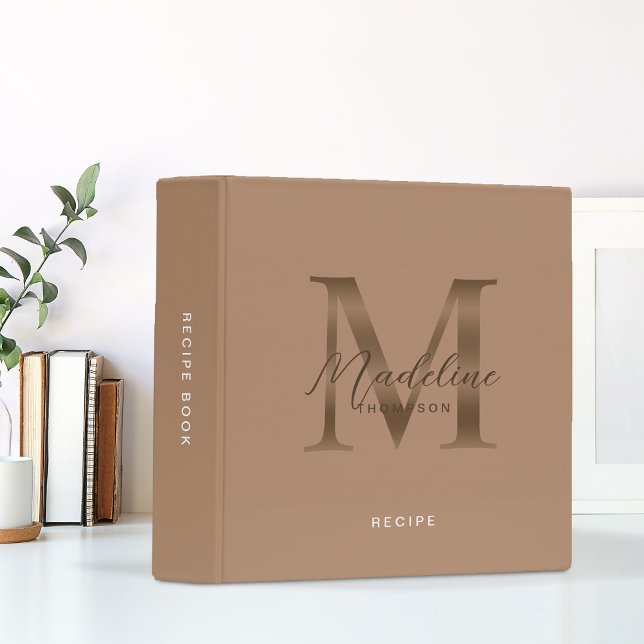 Minimalist Script Taupe Metallic Monogram Recipe Binder (Creator Uploaded)