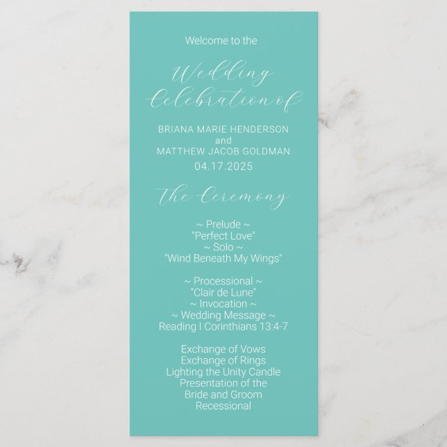 Minimalist Script Teal Wedding Program (Front)