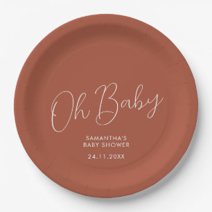 Minimalist Script terracotta Oh Baby Shower date Paper Plate