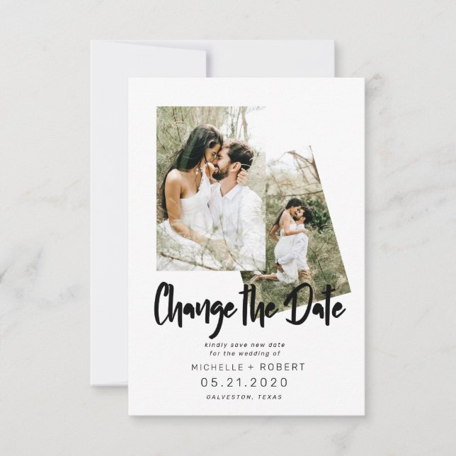 minimalist script two Photo Change The Date Invitation (Front)