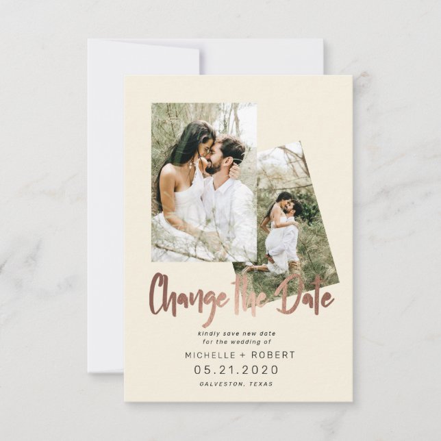 minimalist script two Photo Change The Date Invitation (Front)