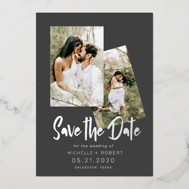 minimalist script two Photo Save The Date  Foil In (Front)