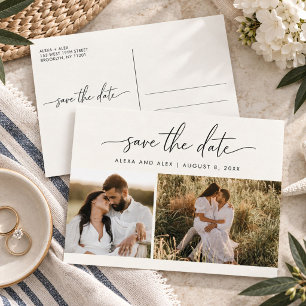 Minimalist Script Two Photo Wedding Save the Date Announcement Postcard