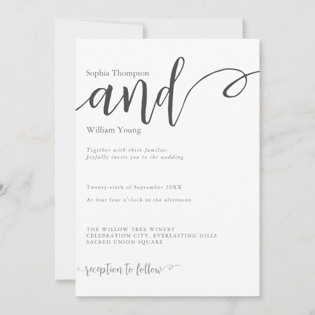 Minimalist script typography greyscale wedding invitation (Front)