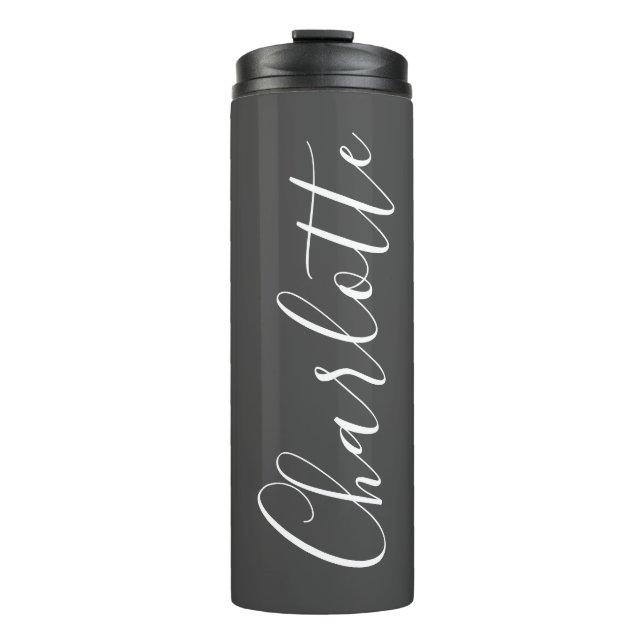 Minimalist Script Typography Name Black and White Thermal Tumbler (Front)
