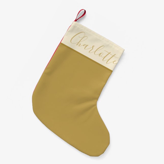 Minimalist Script Typography Personalized Gold Small Christmas Stocking (Front (Hanging))