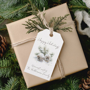 minimalist script, watercolor snowy pine cones gift tags