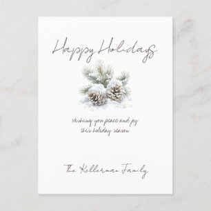 minimalist script, watercolor snowy pine cones holiday postcard