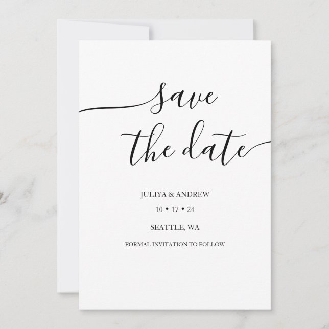 Minimalist script wedding save the date card (Front)