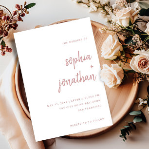 Minimalist Script White and Dusty Rose   Wedding Invitation